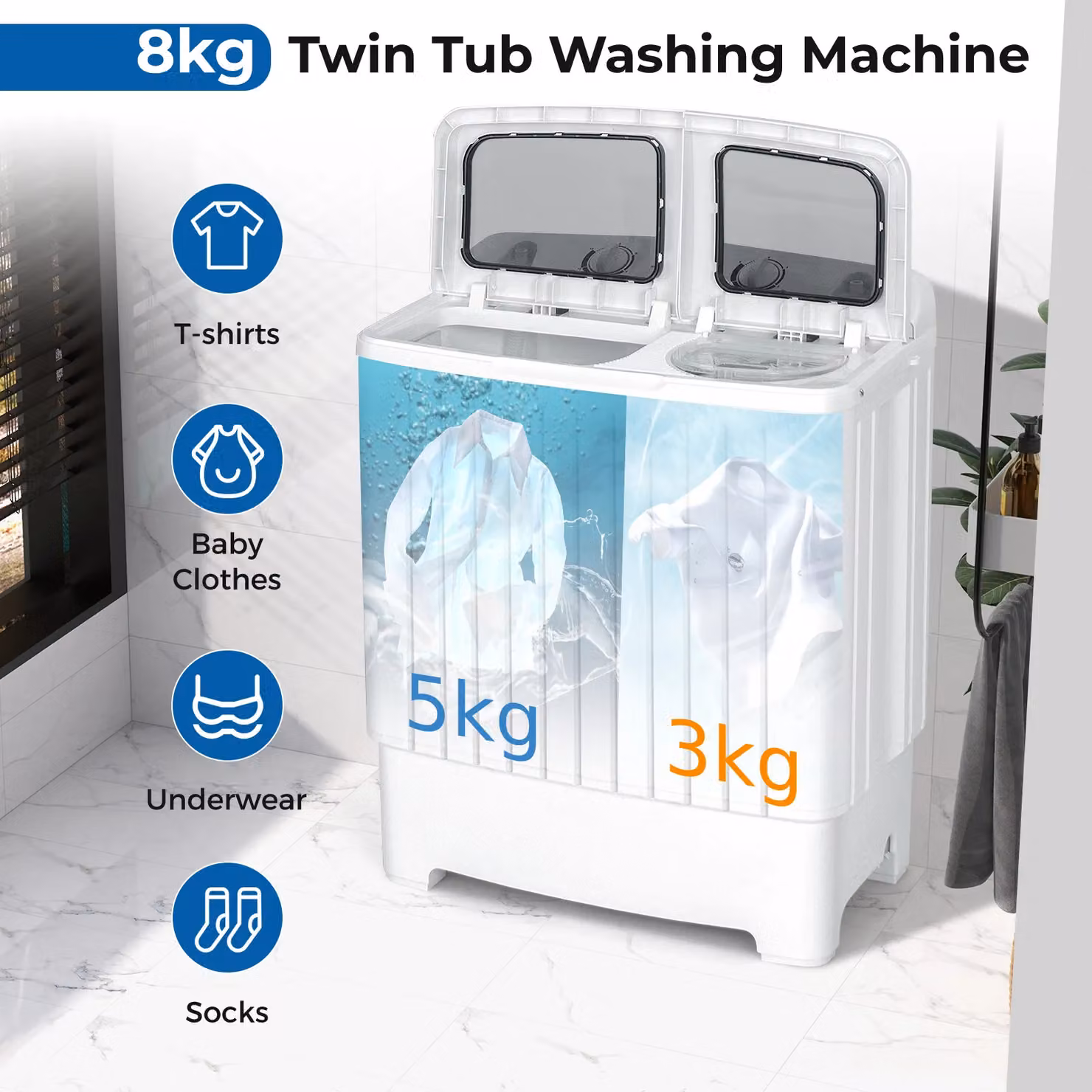 Costway Twin Tub Mini Washing Machine and Dryer, White and Multicolour, 5kg Wash and 3kg Dry Capacity – 4