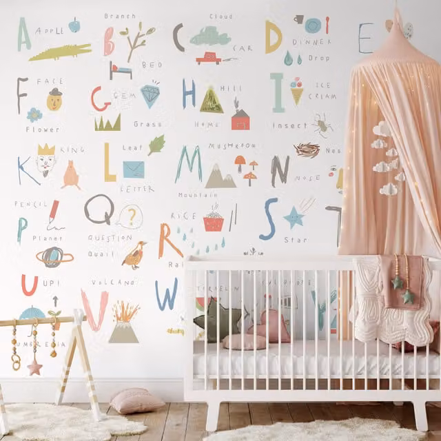 Origin Murals Childrens Alphabet Illustrations Wall Mural in Multicolour and Yellow Scandinavian Style