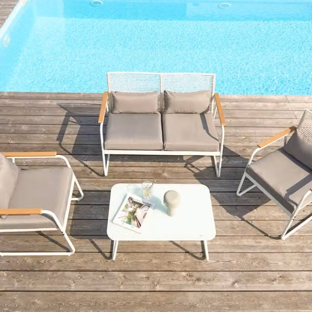 Wyld and Coco White Powder Coated Steel 4-Seater Garden Lounge Set with Grey UV-Resistant Cushions and Coffee Table