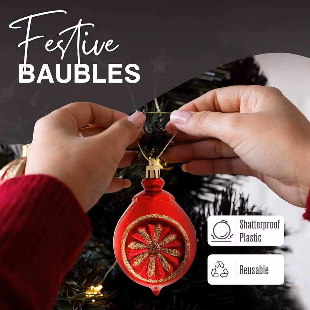 Pelle & Sol 108 Piece Christmas Bauble Set in Gold and Red with Stars, Snowflakes and Icicles Hanging Ornaments – 3