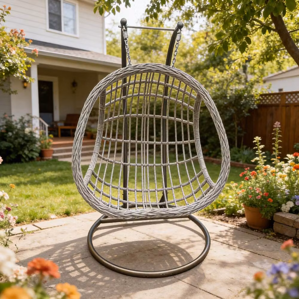 Fimous Two Seater Outdoor Rattan Egg Hanging Chair with Thick Cushions in Dark Grey – 3