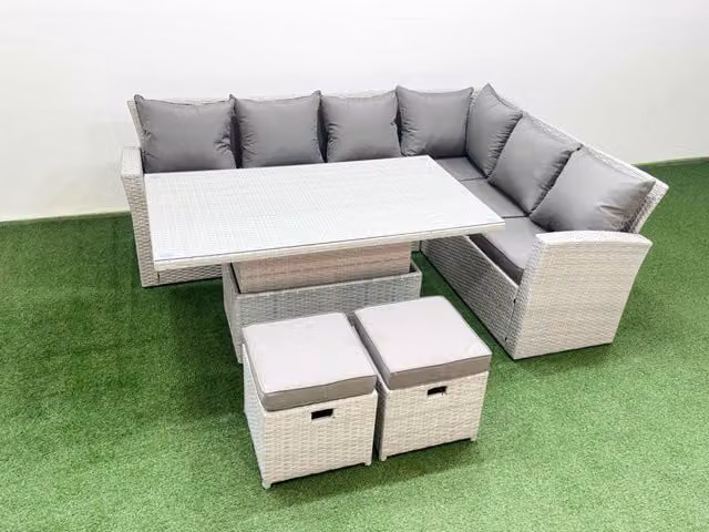Fimous 8 Seat Rattan Garden Furniture Corner Sofa Set with Chairs and Footstools in Light Grey