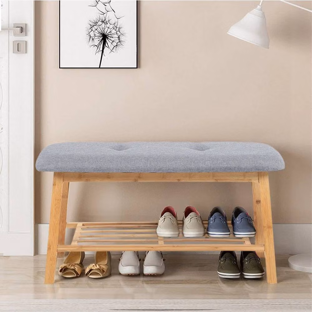 EONLION 2 Tier Bamboo and Wood Shoe Bench in Grey, W: 100 cm x D: 40 cm x H: 1 cm – 2