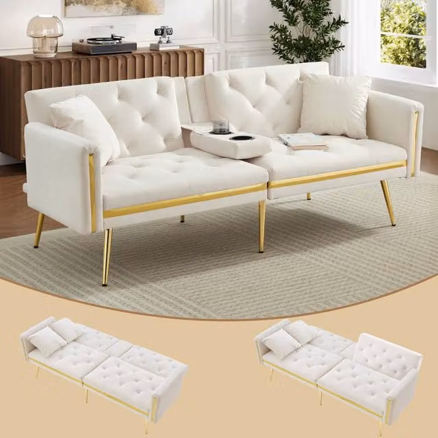 BTM Two Seater Velvet Sofa Bed in White with Adjustable Headrest and Cup Holders, W/D/H: 174 x 150 x 76 cm