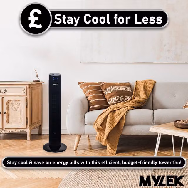 Mylek 34 Inch Oscillating Tower Fan with Remote Control and Timer, Black