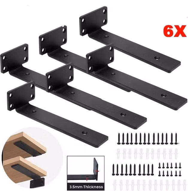 Unbrand 6 Piece Matt Black Cast Iron Floating Shelf Brackets