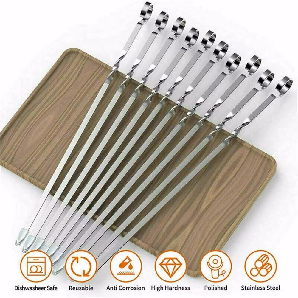 VOGREX 12-Piece Silver Stainless Steel Flat BBQ Skewers and Kebab Grill Sticks – 2