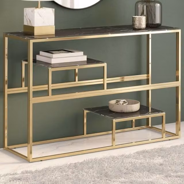 Berkfield Home Modern Rectangular Console Table in Gold and Black with Glass and Metal Finish