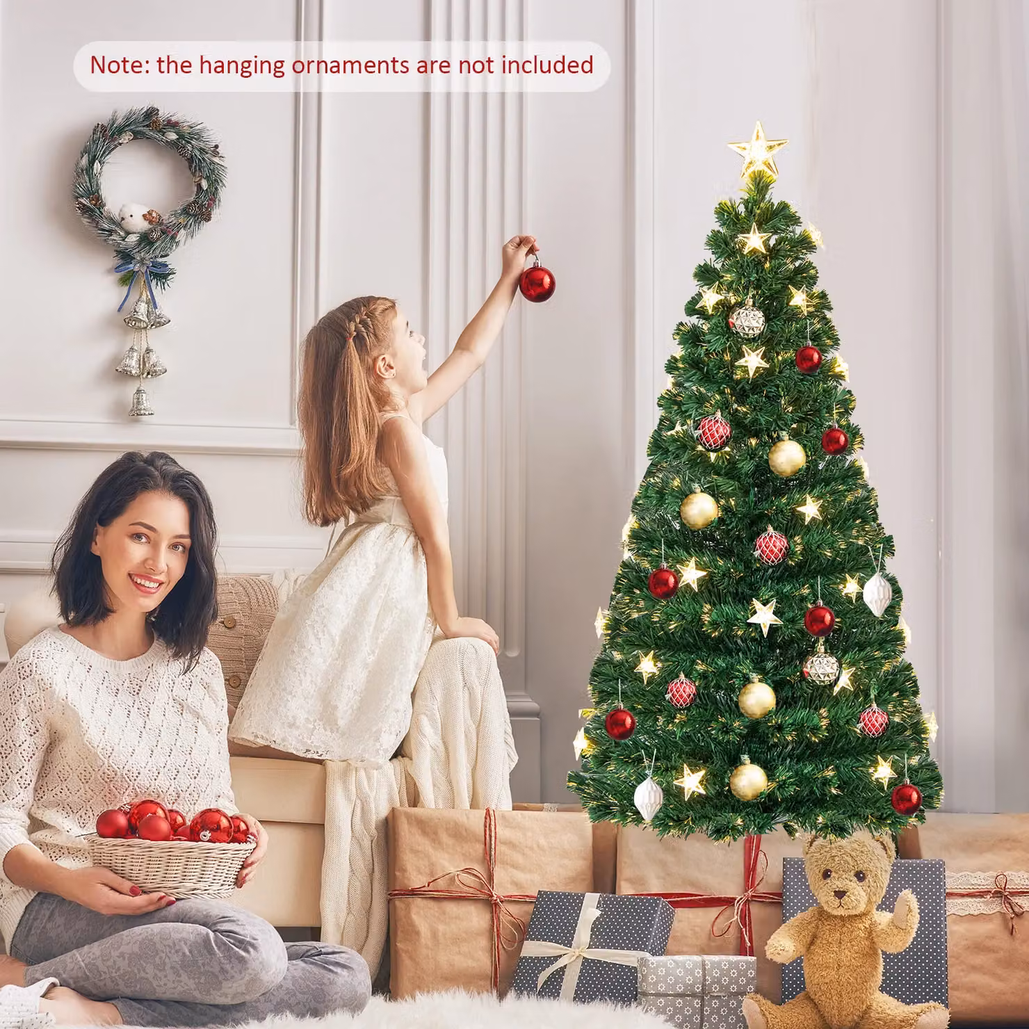 Costway 5ft Pre-Lit Artificial Christmas Tree with Fiber Optics in Green, H 152.4 cm x W 71.0 cm – 3