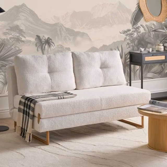 Wyld and Coco 3 Seater Bouclé Sofa Bed in Off-White with Adjustable Headrest and Metal Frame, 140 x 200 cm