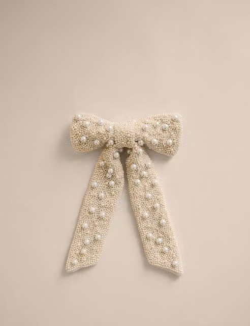 M&S Cream Pearl Beaded Bow Christmas Tree Topper in White and Beige