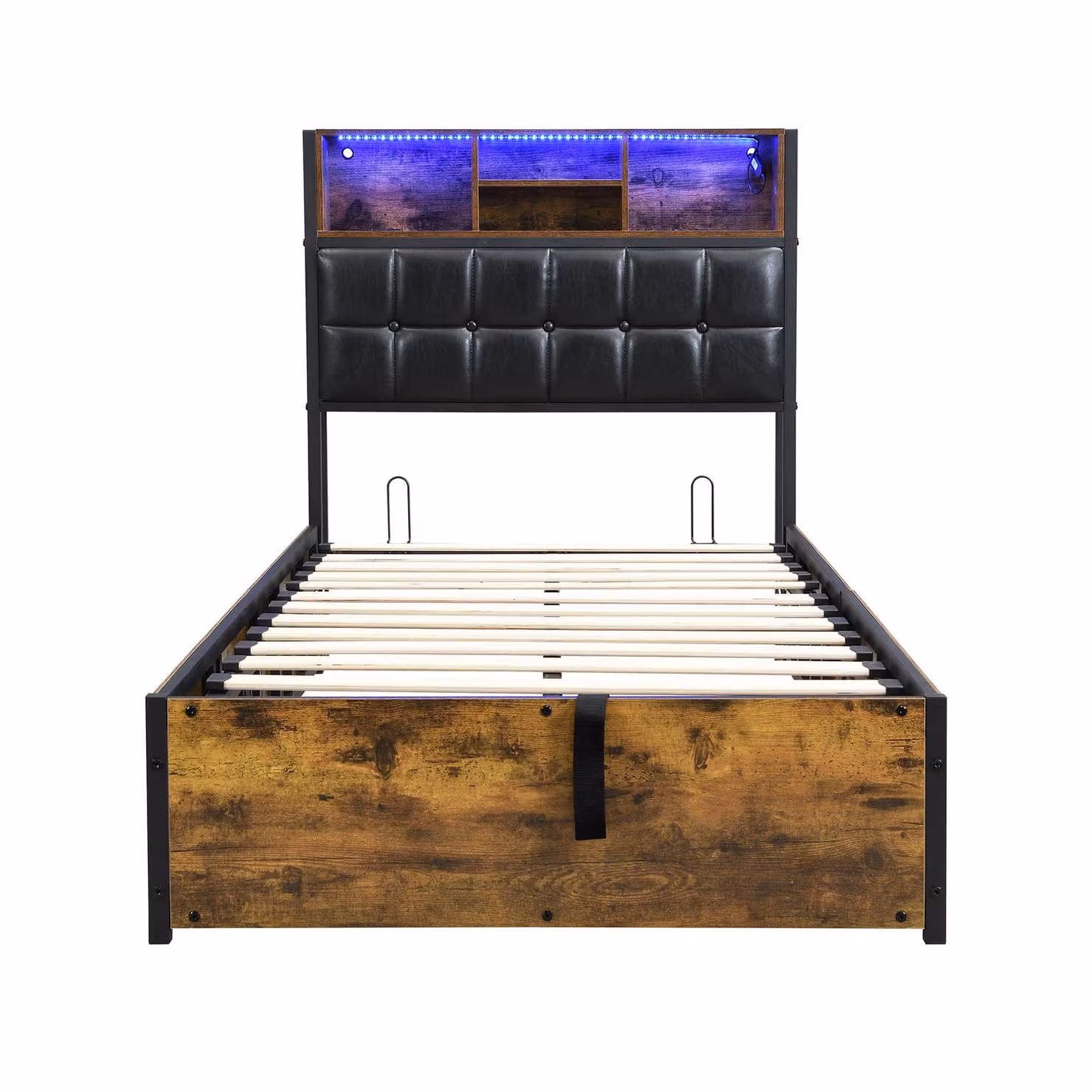 Aosom UK Hydraulic Storage Single Bed with Multi-Colour LED Strip, USB Charging Ports and Sponge Headboard, Black and Neutral, H 107 x W 96 x D 208 cm – 2