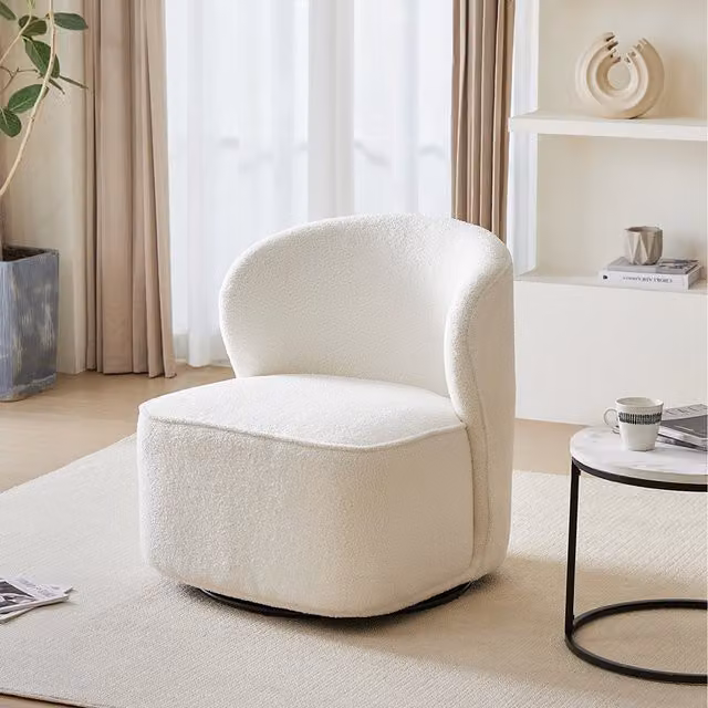 Livingandhome Modern White Bouclé Fabric Swivel Tub Accent Chair with Armrests