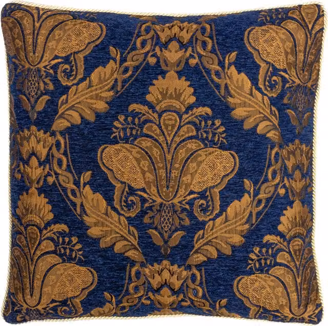 Paoletti Shiraz Square Damask Chenille Filled Cushion, W/D/H: 45 x 45 x 45 cm, Blue, Gold and Red