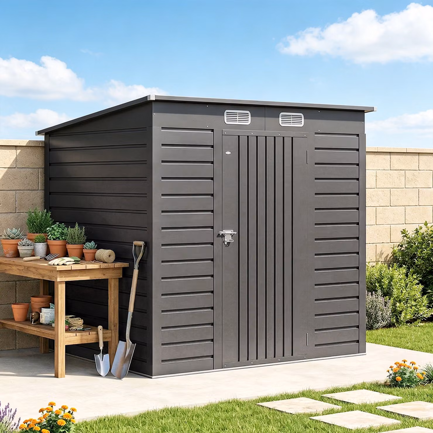 Outsunny Grey Galvanised Metal Pent Garden Shed with Locking Single Door and Ventilation Slots W/D/H: 121.92 x 131.07 x 161.0 cm – 7