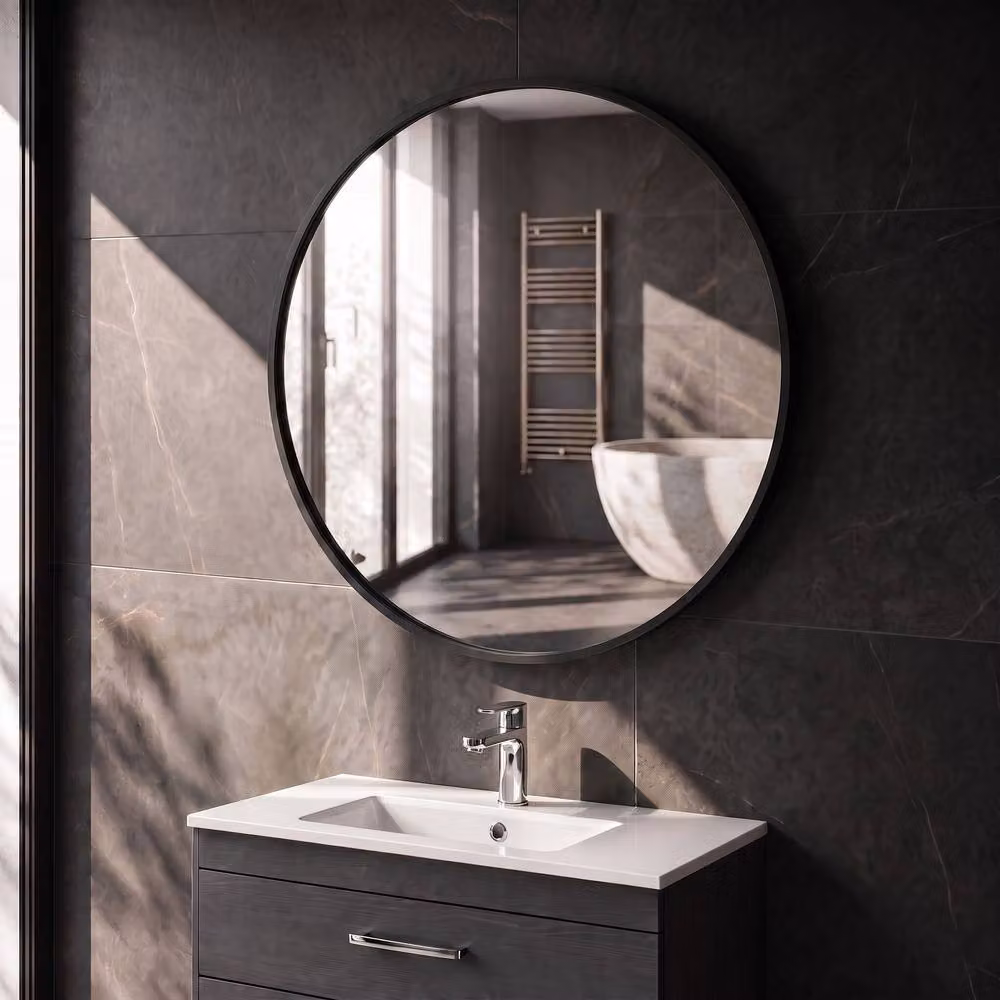 Balterley Round Wall Mounted Bathroom Mirror in Black, W: 60 cm, H: 60 cm, D: 1 cm – 3