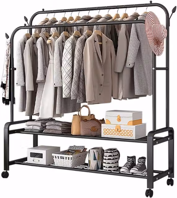 Livingandhome Dual Hook and Rail Matrix Metal Clothes Rail in Matt Black