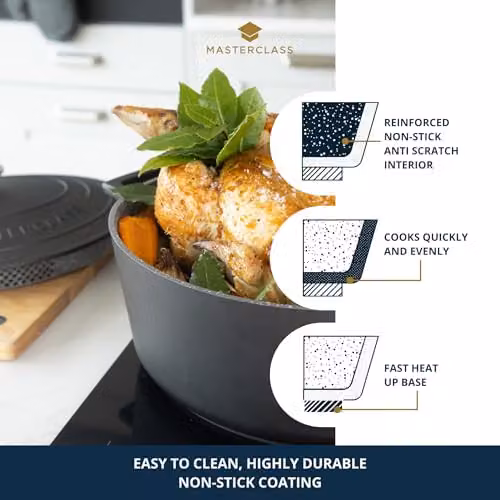 MasterClass Cast Aluminium Oval Casserole Dish with Self-Basting Lid, Black, 30cm, 6L – 5