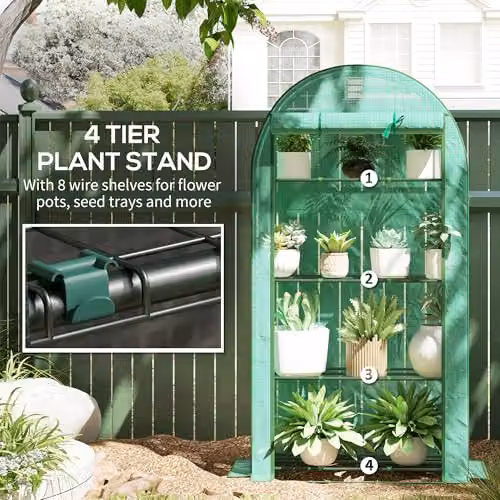 Outsunny 4 Tier Mini Greenhouse with Reinforced PE Cover, Green, W/D/H: 105 x 45 x 160 cm – 4