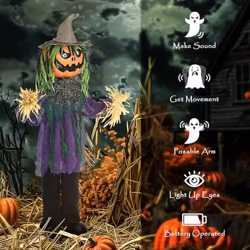 HOMCOM Sound Activated Pumpkin Halloween Animatronic Decoration in Orange and Purple – 6