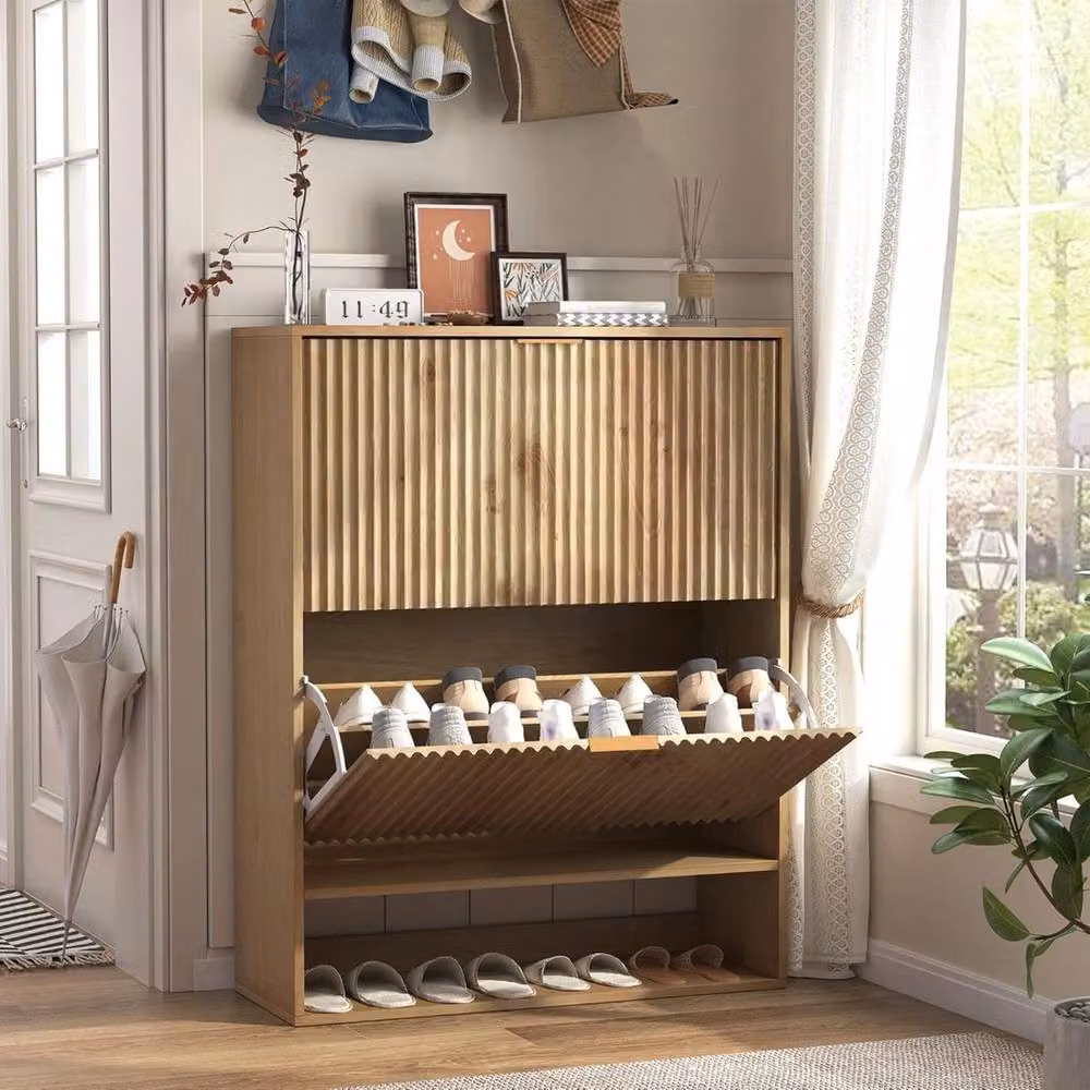 VOGREX Modern Fluted Shoe Cabinet in Oak with Tilting Compartments and Open Shelving, Brown, W/D/H: 80 x 30 x 102 cm – 3