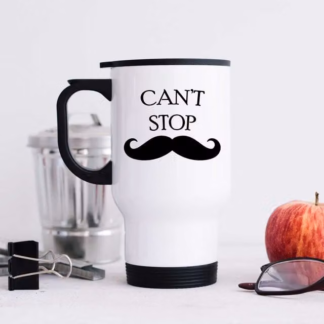 60 SECOND MAKEOVER Can't Stop Moustache Stainless Steel Metal Travel Mug in White