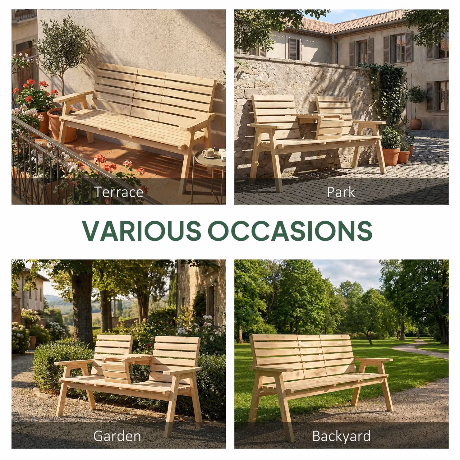 Outsunny Convertible 2 to 3 Seater Outdoor Garden Bench in Brown Rustic Treated Hardwood – 6