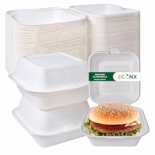 ECONX White Biodegradable Bagasse Clamshell Takeaway Burger Boxes, Pack of 50 – 1