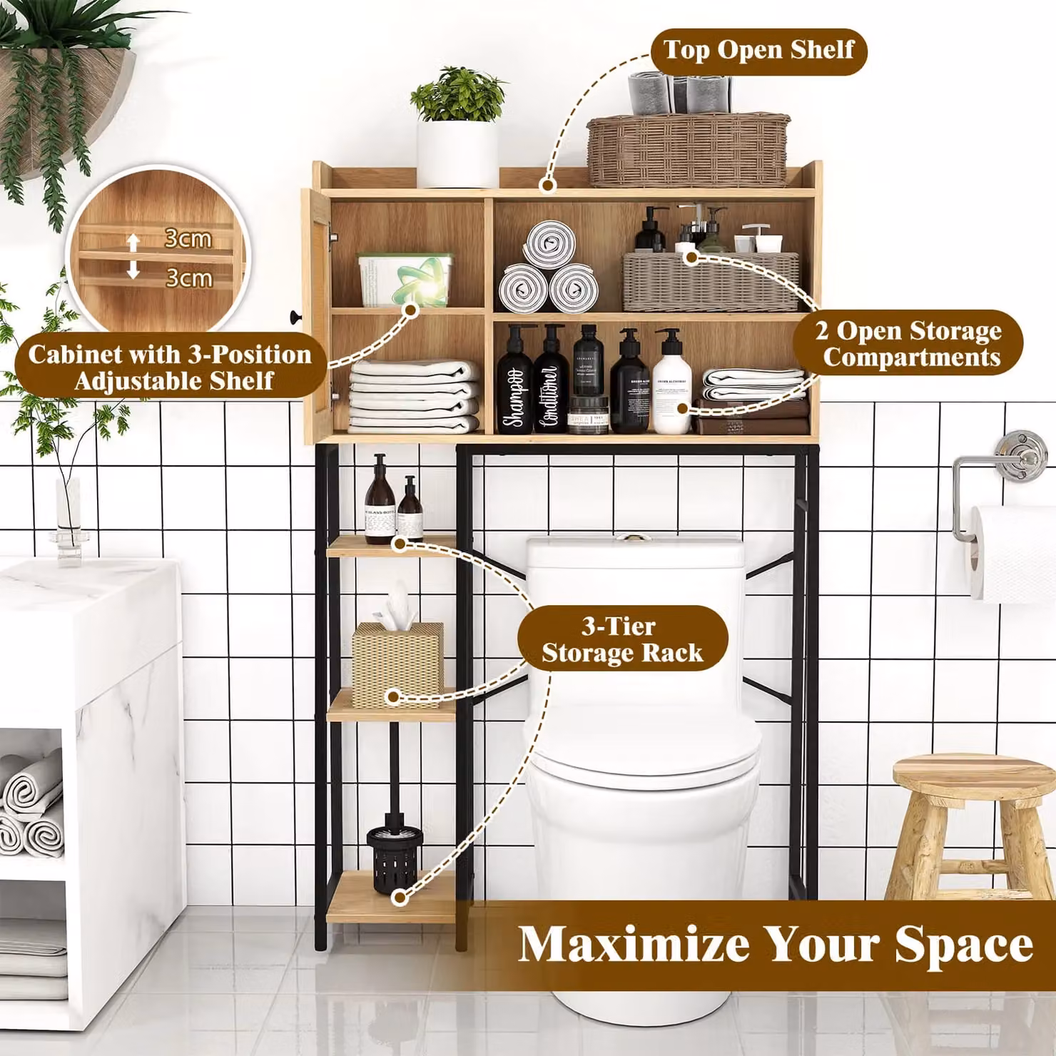 Costway Over The Toilet Storage Cabinet Bathroom Organizer with Rattan Details in Sand and Brown – 4