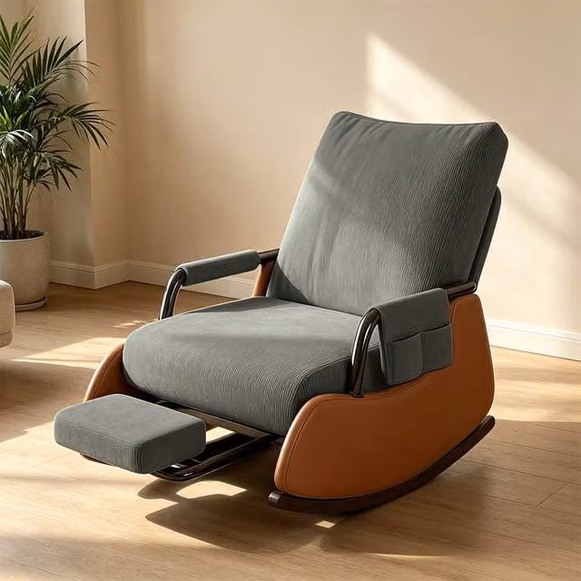 FORGEVIO Grey Rocking Chair with Folding Armrests and Metal Frame