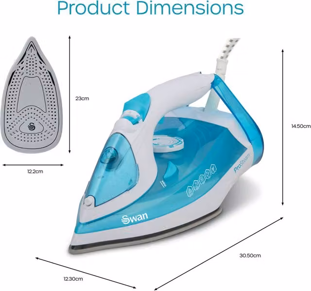 Swan 2200W Steam Iron in White and Blue with Non-Stick Ceramic Plate and Anti-Calc Function