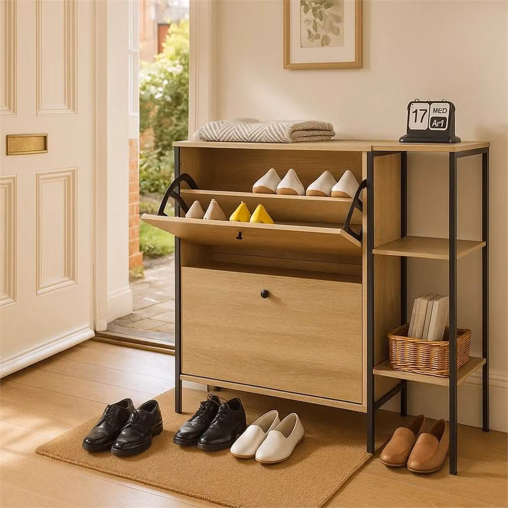 Nordara MDF Wooden Shoe Rack Storage Cabinet with 2 Drawers in Natural Sand Brown – 4