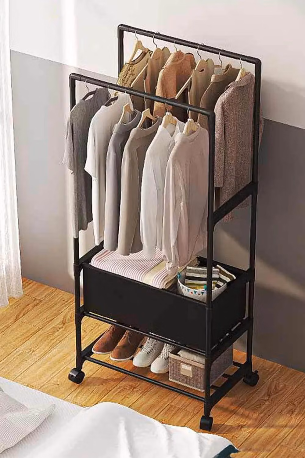 Living and Home Multi-Functional 2 Rod Clothes Rack and Garment Rack with Laundry Basket in Black – 3