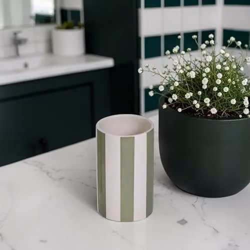 Showerdrape Freestanding Ceramic Tumbler in Green and White Stripes – 3