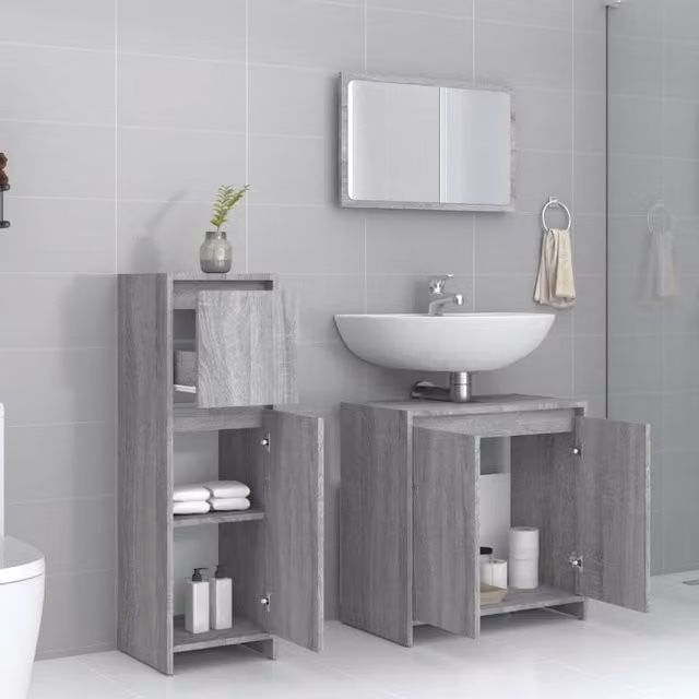 Berkfield Home Modern 3 Piece Grey Matt Bathroom Furniture Set including Mirror Cabinet, Wall Cabinet and Vanity Unit