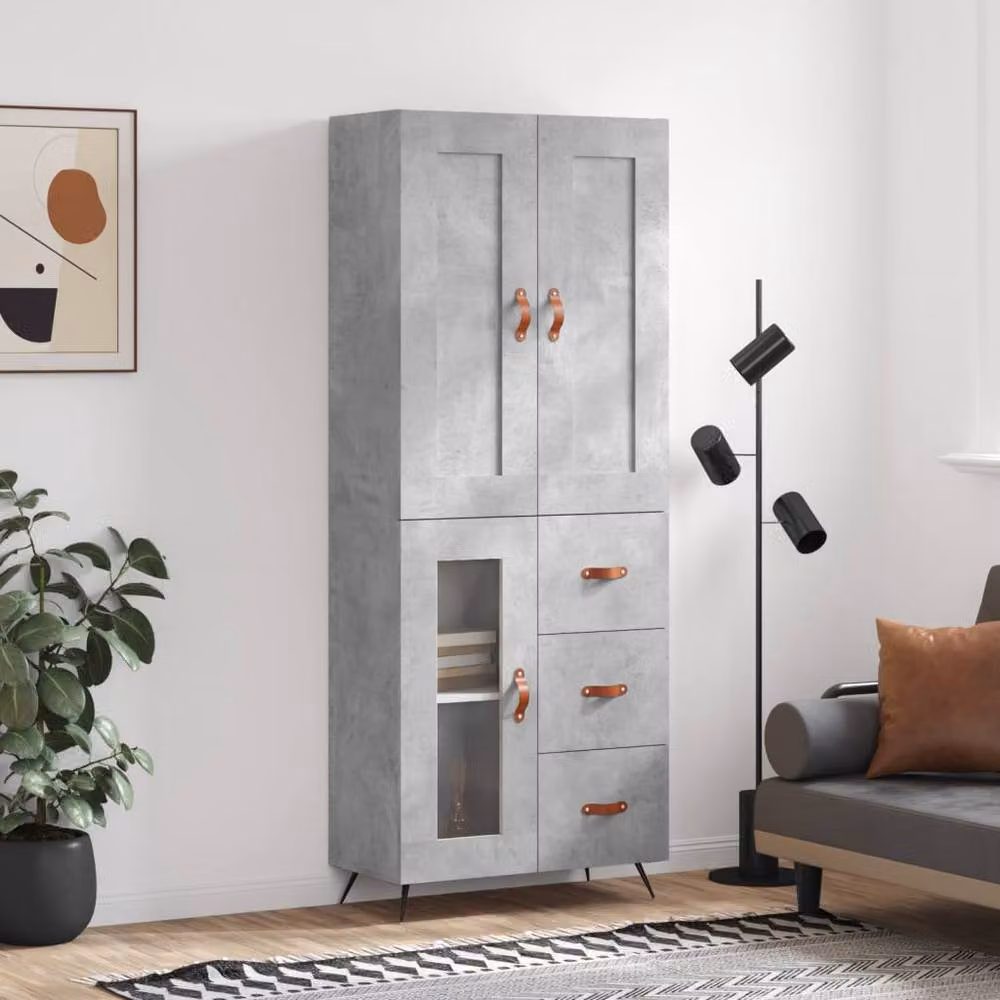 Berkfield Home Industrial Highboard in Concrete Grey with Glass Doors, W/D/H: 69.5 x 34 x 180 cm – 2