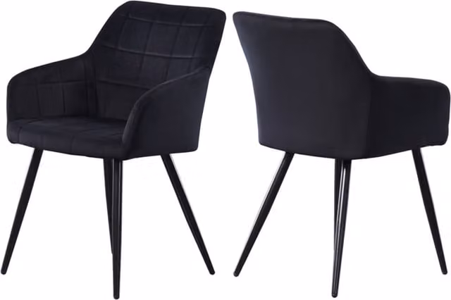 Life Interiors Set of 2 Camden Modern Velvet Dining Chairs with Armrests and Black Metal Legs, Black – 1
