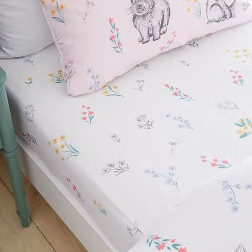 Catherine Lansfield Bunny Tails Ditsy Flower Bed Linen Fitted Sheet Pink and White W/D/H: 90 x 190 x 25 cm