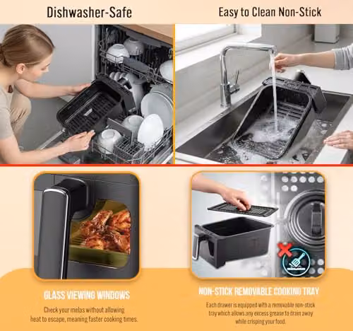 PureMate 9L Dual Air Fryer in Black with Digital Display, 2500W Dual Zone Cooking, Timer and Dishwasher Safe Parts – 7