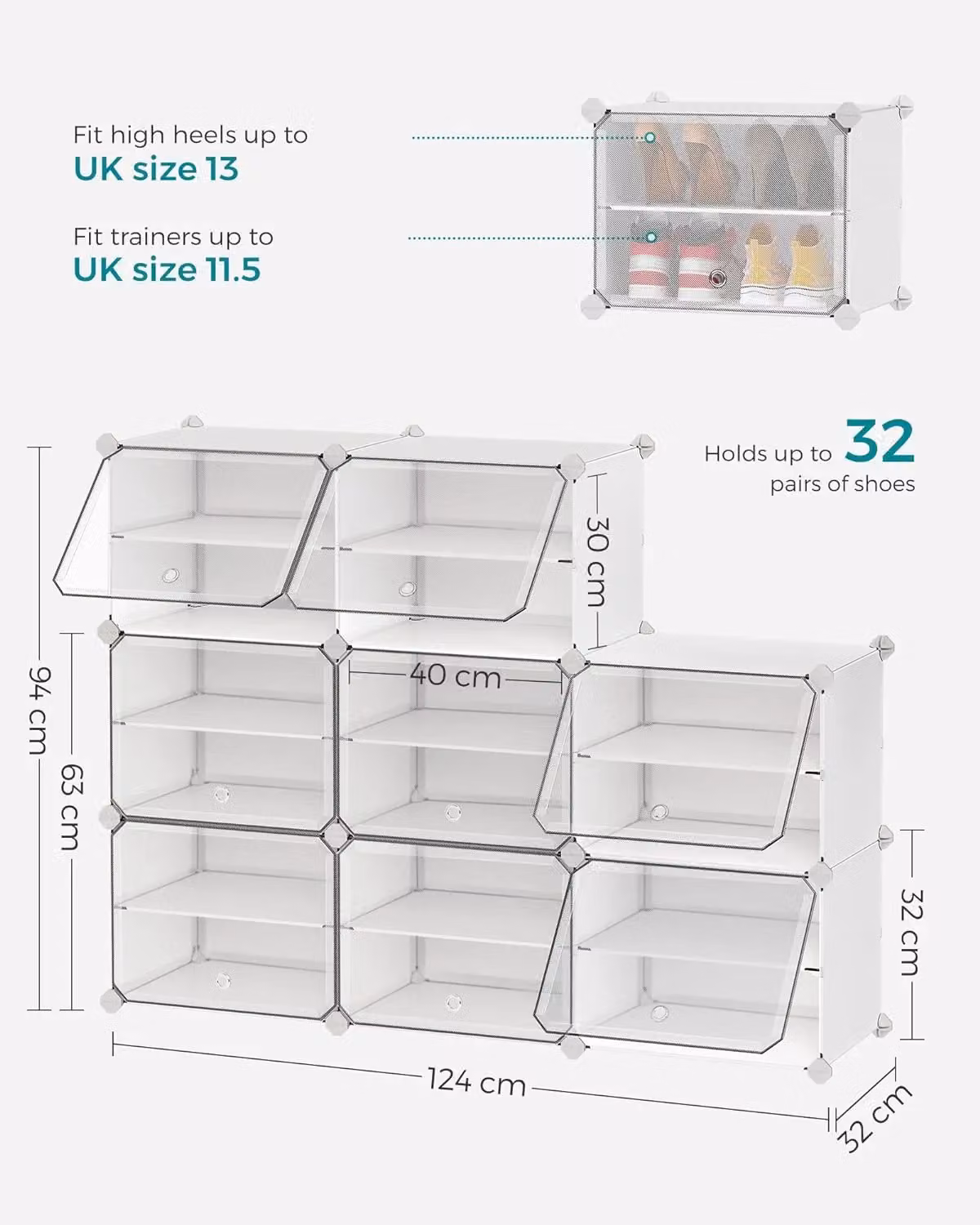SONGMICS Modular 8-Slot Shoe Storage Cabinet with Transparent Glass Doors in White – 2