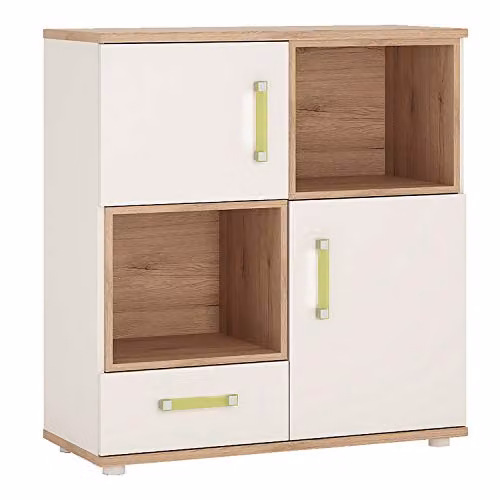 Furniture To Go 4KIDS Childrens Cupboard with 2 Doors, 1 Drawer and 2 Open Shelves in White and Light Oak Glossy Finish – 1