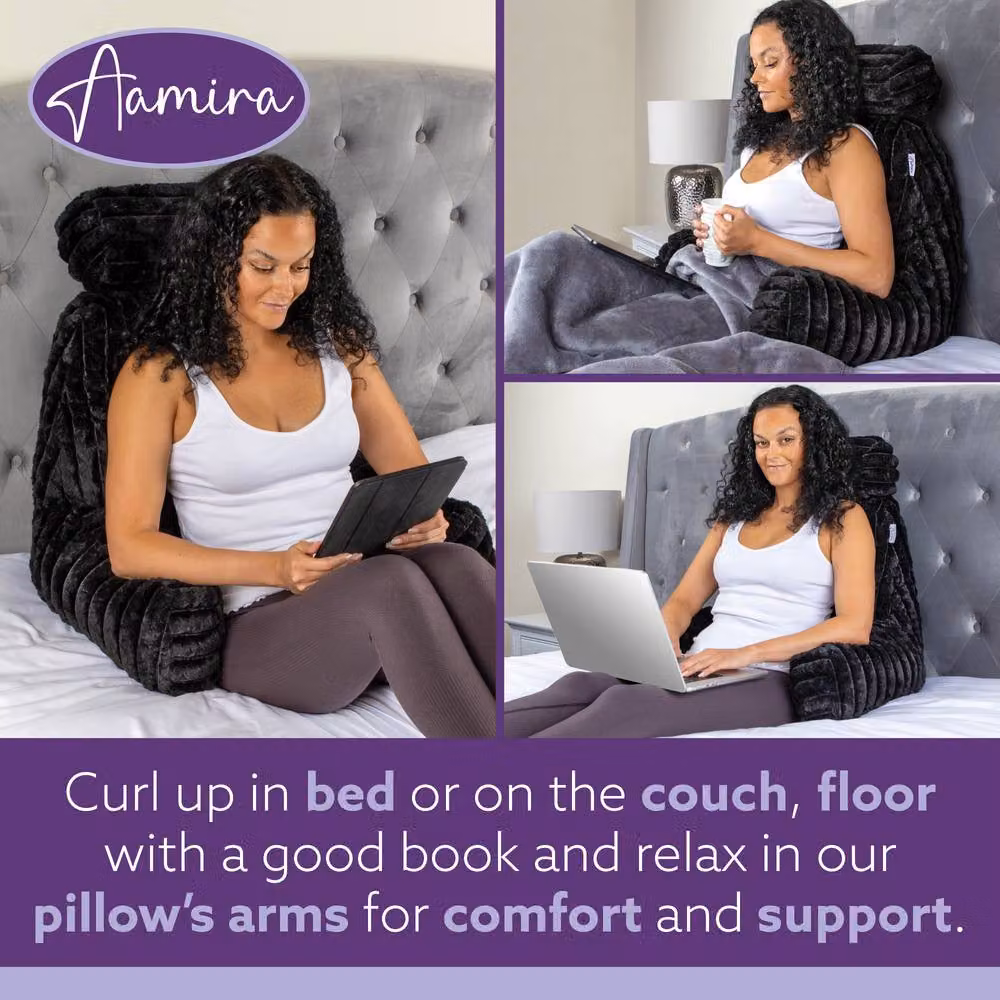 Aamira Black Faux Fur Ribbed Memory Foam Reading Pillow and Wedge Support Cushion – 3