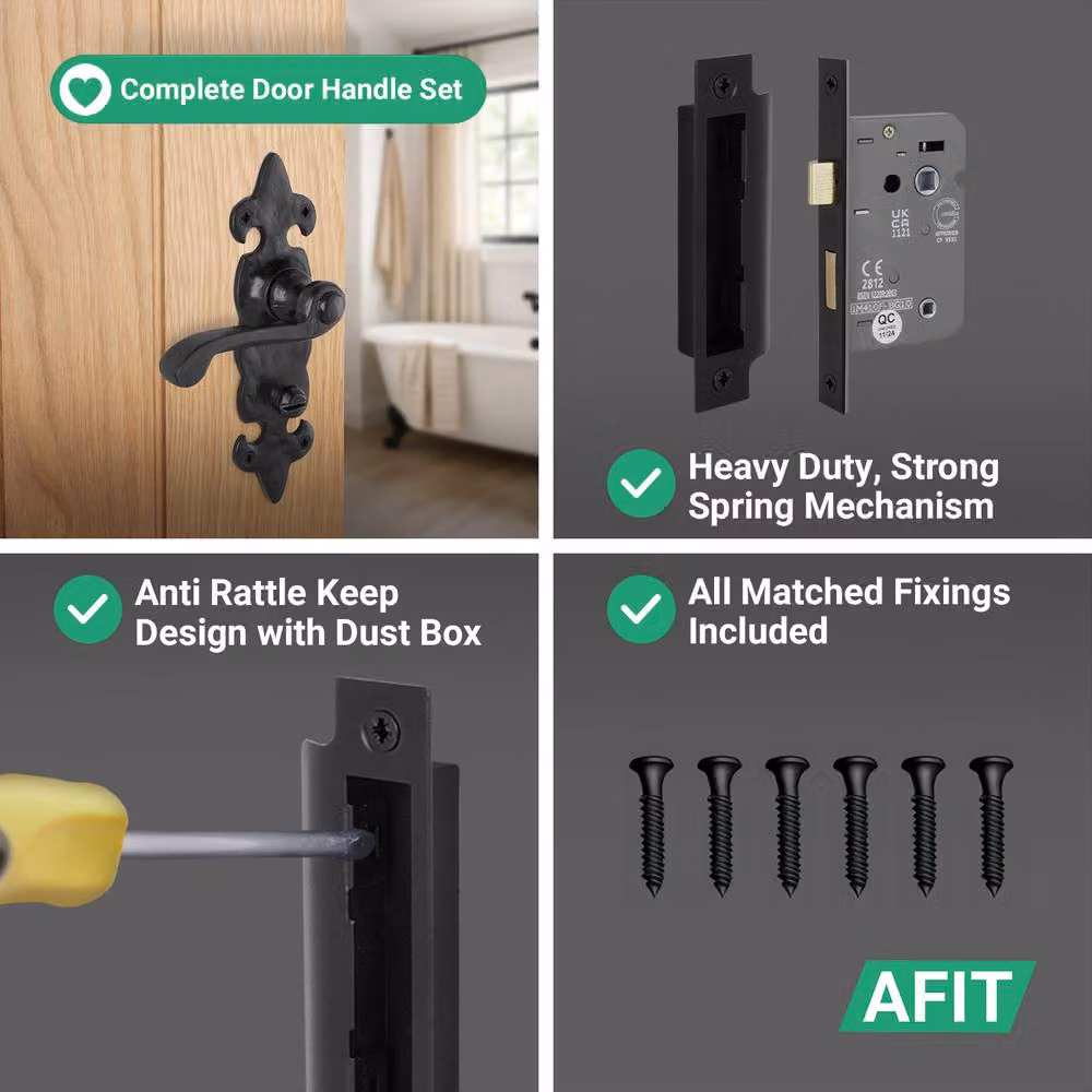 AFIT Black Antique Cast Iron Bathroom Door Handles with WC Lock, 1 Pair, W/H: 15 x 15 cm – 4