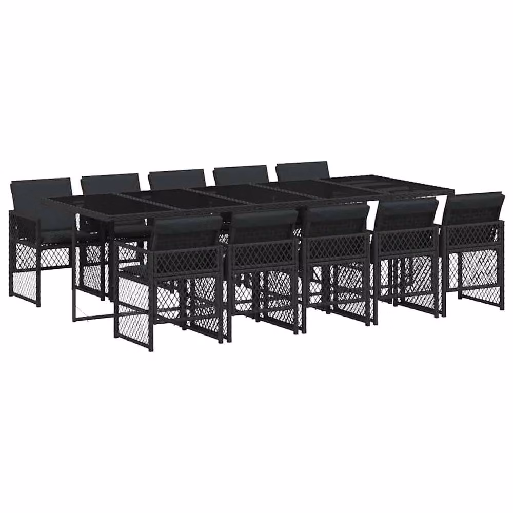 Berkfield Home 11 Piece Black Poly Rattan Garden Dining Set with Cushions and Glass Table – 2