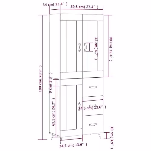 vidaXL Modern Black Highboard in Engineered Wood, W/D/H: 69.5 x 34 x 180 cm – 3