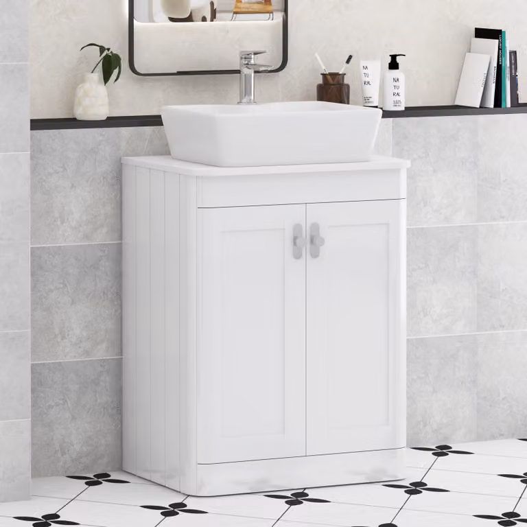 Royal Bathrooms Henley 600mm Gloss White Floor Standing 2 Door Bathroom Vanity Unit with Plain White Worktop and Chrome Knob