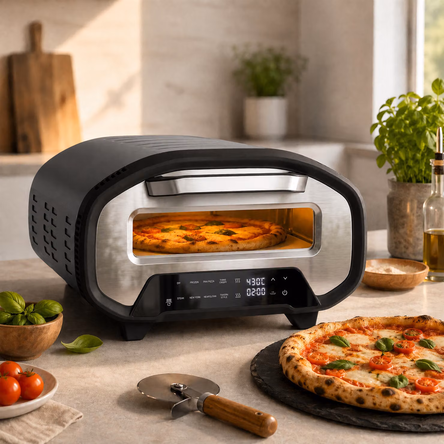 HOMCOM Electric Pizza Oven in Black with 2200W Power, Ceramic Stone, Digital Display and Timer – 2