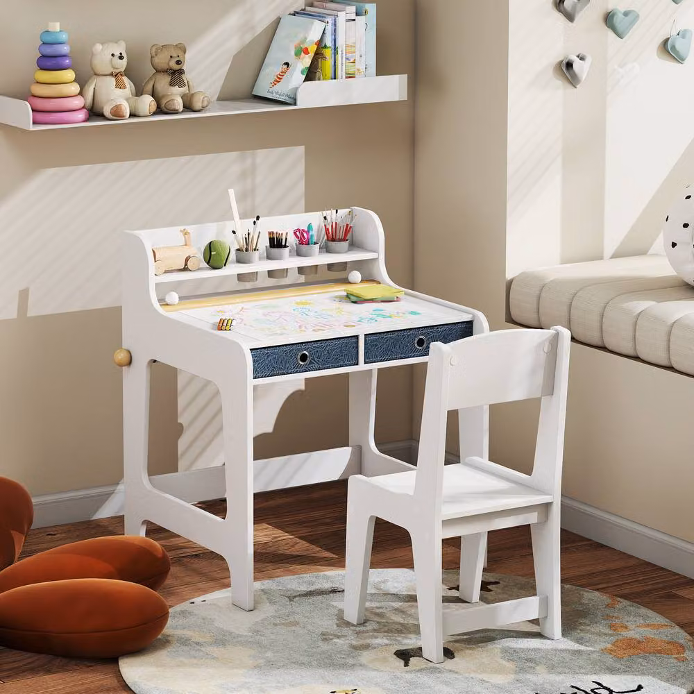 STILVORA Childrens Desk, Chair and Shelf Set in White MDF – 2