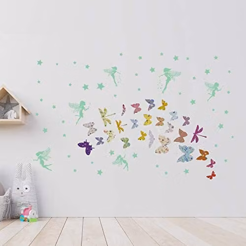 WALPLUS Glow in the Dark Floral Butterfly and Flower Wall Stickers for Childrens Nurseries, Multicolour