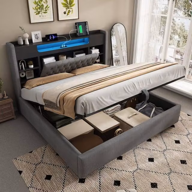 BTM Grey Upholstered Ottoman Bed Frame with LED Lighting and USB Charging, Double Size 140 x 200 cm